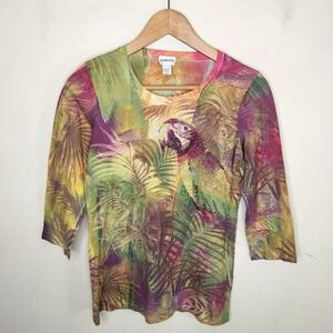 Chico's Graphic Print Shirt Top Parrot Tropical Beaded